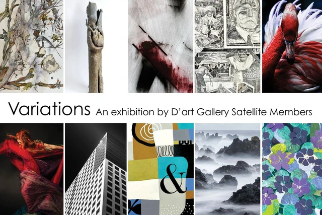 Flyer for Variations, an exhibition by D'art Gallery Satellite Members, showing ten artworks including paintings, sculpture and photography